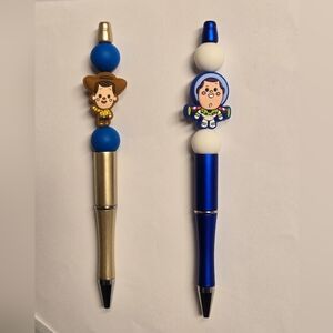 Set Of 2 Hand Beaded Pens Woody & Buzz Lightyear With Ink Refills